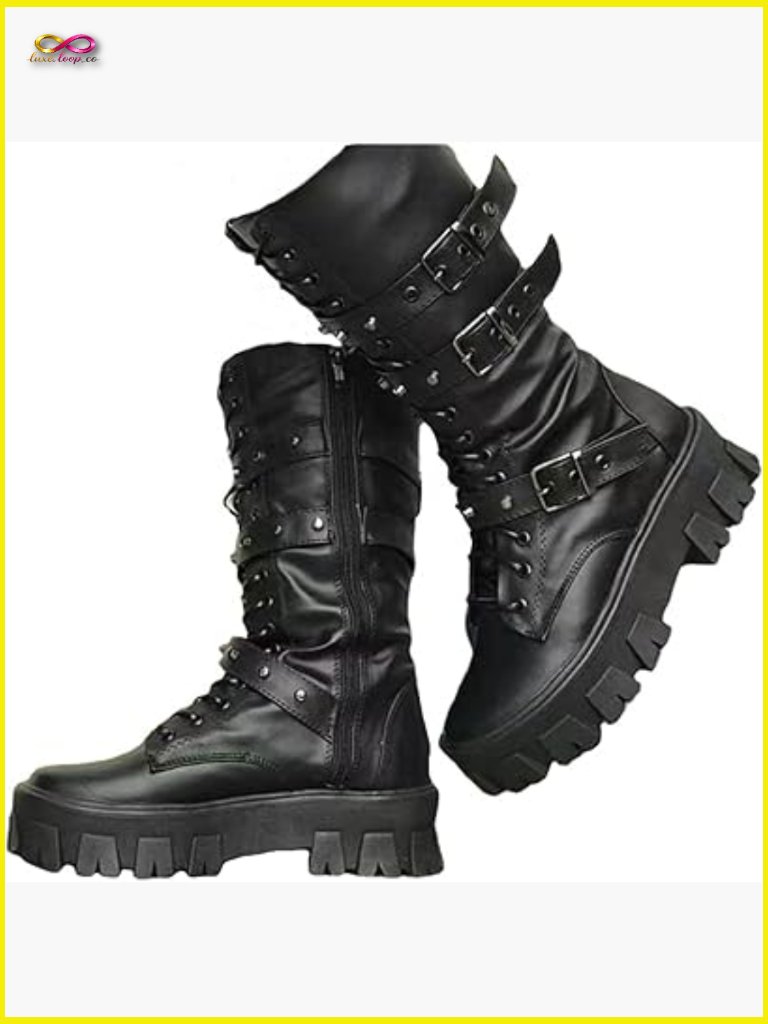 Women Goth Chunky High Heel Ankle Booties Lace Up Combat Platform Punk Rivet